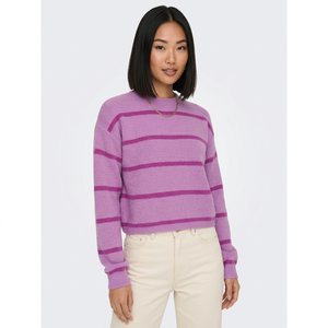 Women's Casual Striped Viscose Blend Knit Sweater O-Neck <b>Long</b> <b>Sleeve</b> <b>Crop</b> <b>Top</b> Embossed Design Early Autumn Pullover - Product Image 1