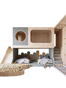 Culla multi-lettino in legno massello per bambini, letto a castello a soppalco multifunzionale di lusso leggero con scivolo, personalizzabile per bambina - Product Image 1