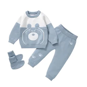Mimixiong - Conjunto de roupas infantis de malha para bebês, pulôver para recém-nascidos, calças e blusa, calça e sapatos para crianças, novidade