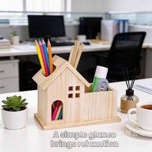 Wooden house-shaped <b>pen</b> holder, desktop stationery storage <b>box</b>, multi-purpose storage <b>box</b>, home desktop decoration. - Product Image 3