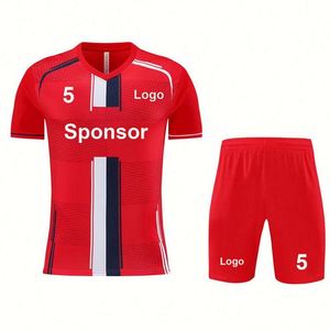 Vente en gros de maillots de football unisexes personnalisés avec logo, 100% polyester, taille plus, séchage rapide, respirant, maillots et shorts d'entraînement rouges - Product Image 1