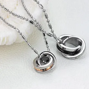 New Fashion Simple and Beautiful Wholesale Custom Made Stainless Steel Couple Lettering Two Ring Pendant Necklace