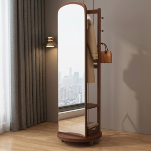Perchero Moderno de Madera Maciza con Espejo Giratorio, 4 Ganchos y 2 Estantes, Mueble de Almacenamiento Independiente para Entrada - Product Image 3