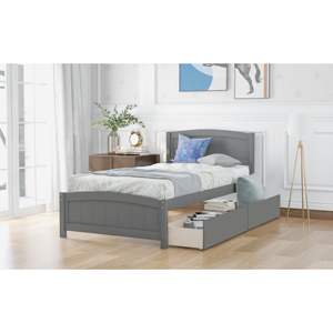DB Twin Size Cama de metal con plataforma con dos cajones grises - Product Image 1