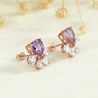 YBO mignon ours patte boucles d'oreilles coeur naturel pierre améthyste cubique Zircon 925 boucles d'oreilles en argent femmes