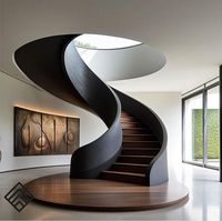 Escalier pliant moderne de luxe sur mesure pour intérieur, escalier courbé avec marches en bois massif et balustrade en verre, idéal pour hôtels, résidences et villas.