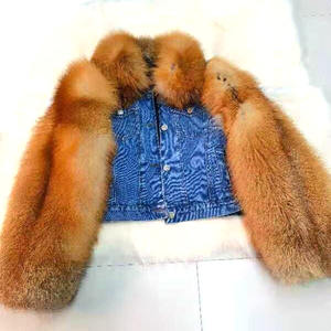 Nuova Giacca Corta Trendy da <span class=keywords><strong>Donna</strong></span> in Denim con Pelliccia, Maniche e Colletto in Pelliccia - Product Image 4