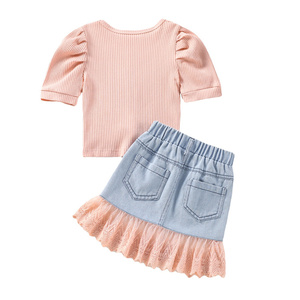Children's Summer Clothes 2023, Girls Pit Strip Short-Sleeved Top Lace Lace Denim Bag Hip Skirt <strong>Suit</strong> Outfits for Teenage Girls/ - Product Image 3