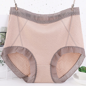 Damen Hohe Taille Rüschen Übergröße Slips Unterwäsche Einfarbige Spitze Bio-Baumwolle Unterwäsche - Product Image 5