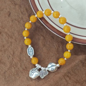 S925 Sterling <b>Silver</b> <b>Beaded</b> Amber Bracelet Heart Charm Unisex Everyday Wear Fine Jewelry - Product Image 1
