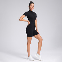 Combinaison de yoga respirante pour femme, une pièce, coupe ajustée, manches courtes, avec fermeture éclair, pour la gym et l'entraînement, fabrication OEM, vente en gros