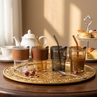 Gelas Kopi & Susu Gaya Amerika Mewah 450ml dengan Sarung Kulit, Sedotan Kaca, dan Insulasi Panas