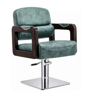 Chaise de coiffure HZ88103, chaise de barbier hydraulique réglable en hauteur, usage commercial, siège en cuir bleu, accoudoirs en bois - Product Image 1