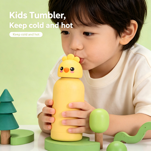 Bouteille d'eau en métal à double paroi, sans BPA, de qualité alimentaire, écologique, avec couvercles 3D en forme d'animaux pour enfants - Product Image 1