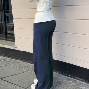 Women's Foldover Waist Wide Leg Pants, High Waist Flared Lounge Flared Minimalist Casual Yoga Trousers - Product Image 2