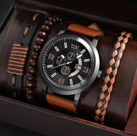Nouveau Coffret Bijoux 4 Pièces en Alliage pour Hommes d'Affaires, Montre-Bracelet à Quartz Décontractée avec Bracelet en Cuir, Date et Chiffres, Montre Tendance