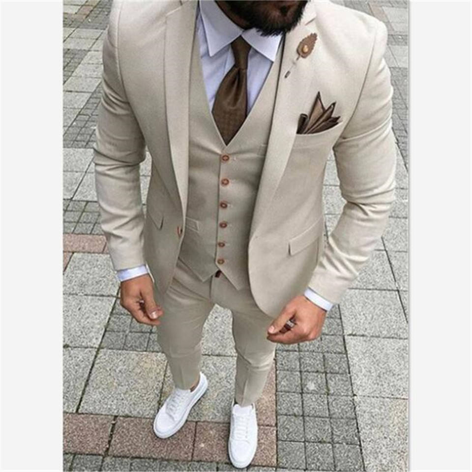 LL063 Beige Mens Suits Custom Slim Fit Wedding Groom Tuxedos