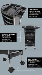 5 Drawer Black Salon <b>Trolley</b> Rolling Hairdressing <b>Tool</b> Cart with Top Bottle Holders - Product Image 3