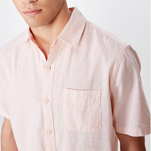 2020 good quality short sleeve men stretch slim 100%cotton linen pink shirts - Product Image 3