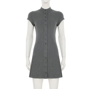 Tinta unita <span class=keywords><strong>in</strong></span> <span class=keywords><strong>maglia</strong></span> a mezza tinta unita a maniche corte monopetto Slim Fit elegante Mini <span class=keywords><strong>abito</strong></span> <span class=keywords><strong>grigio</strong></span> Cardigan a-line <span class=keywords><strong>abito</strong></span> Vintage - Product Image 5