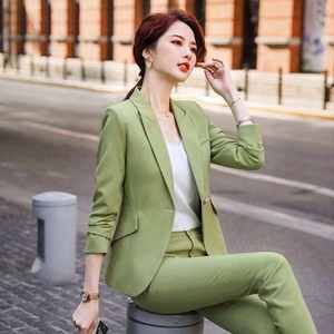 <span class=keywords><strong>Traje</strong></span> de pantalón de oficina Rosa verde para <span class=keywords><strong>mujer</strong></span>, conjunto de pantalones de nueve blazer con botones cruzados clásicos de negocios, trajes formales de dos piezas - Product Image 3
