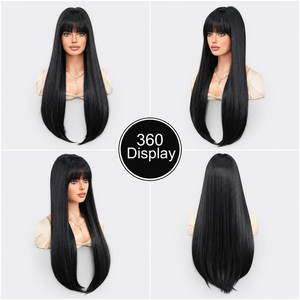 Perruque en <span class=keywords><strong>cheveux</strong></span> synthétiques avec <span class=keywords><strong>frange</strong></span>, 24 pouces, noire naturelle avec racines brunes et pointes brunes, perruques naturelles dégradées avec mèches - Product Image 4