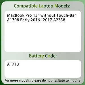 <span class=keywords><strong>Batterie</strong></span> d'ordinateur portable A1713 en gros compatible avec <span class=keywords><strong>Macbook</strong></span> <span class=keywords><strong>Pro</strong></span> 13 pouces sans Touch-Bar A1708 début 2016~<span class=keywords><strong>2017</strong></span> A2338 - Product Image 2