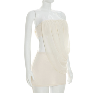 Viviblook D26ST148 Women Summer Set Solid Color Sexy Sleeveless Chiffon <b>Patchwork</b> Strapless Top Mini Bodycon <b>Skirt</b> Two Piece Set - Product Image 5