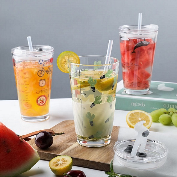 480ml Drinking glass cup with lid  with straw