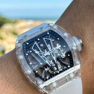 Men's Clear Crystal Skeleton Tourbillon Automatic Mechanical <b>Watch</b>, Tonneau-Shaped White <b>Rubber</b> Sports <b>Watch</b> - Product Image 3