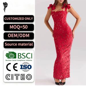 Robe de soirée formelle OEM élégante pour femme, style décontracté, en dentelle transparente, avec bretelles papillon et col halter - Product Image 1