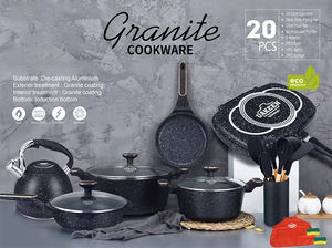Juego de utensilios de cocina antiadherentes con revestimiento de granito de aluminio fundido a presión con fondo de inducción de 20 piezas de alta calidad en negro - Product Image 2