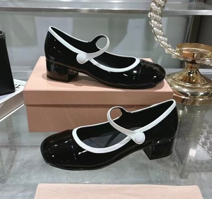 2026 New Model MIU Wine <b>Red</b> Mary Jane Women's Shoes-White Trimmed Multi-color Striped Buttoned Thick <b>Heel</b> Round Toe Retro Single - Product Image 4