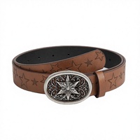 Cinturón de PU con Hebilla de Aleación y Estampado Étnico de Estrellas Marrones, Texturizado, de 2.8cm, Universal para Hombre y Mujer, Venta al por Mayor