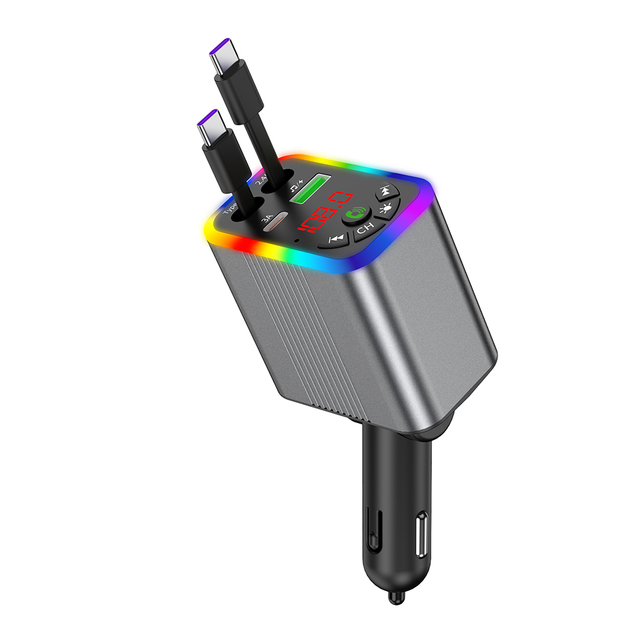 Super Fast QC3.0 30W Car Charger FM Transmitter Retractable Type-C Cable Voltage Display RGB Light for Cars/Trucks Earphone