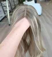 Prothèse capillaire fine à bordure fine, nouée à la main, en cheveux humains 100% Remy, couleur Balayage Gris Cendré, avec dessus plat, légère et à fusion invisible