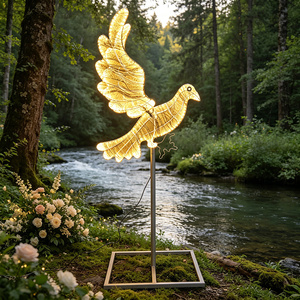 Lumière décorative artisanale texturée transparente blanc chaud en forme d'oiseau avec base métallique carrée pour toile de fond de scène de mariage, antichoc - Product Image 1