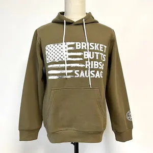 Custom men green fleece 380 gsm heavy hoodies white silk screen print on front hoodie with string