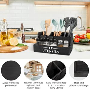 Wooden Multi Compartment Kitchen Utensil Storage Box With <b>Spice</b> <b>Jars</b> L Size Black And White Natural Wood Color - Product Image 5