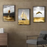 Laut Pemandangan Kapal Layar Emas Kehidupan Laut Dolphin Dinding Art Poster dan Cetakan Dinding Seni Gambar untuk Ruang
