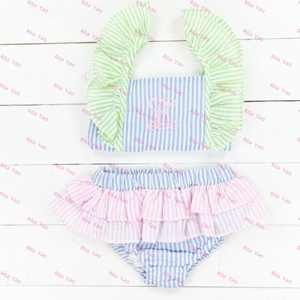 Costume da bagno personalizzato bambino bambina intero costume da bagno con volant bambina piccola Lime blu Seersucker costumi da bagno - Product Image 2