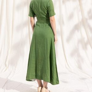 Vestido Elegante de Lino para Mujer, Verano, Nuevo Modelo con Cuello en V, Volantes, Midi, Holgado, Cintura Alta, Casual, Maxi - Product Image 3