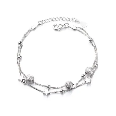 Sweet Ladies Temperament Hand Jewelry Silver Round Beads Five-pointed Star Double-layer Bracelet