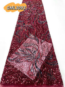 Tissu en dentelle filet perlée rouge haut de gamme 5 yards, perles en gros pour robe de mariée africaine rétro, <span class=keywords><strong>tenue</strong></span> de <span class=keywords><strong>mariage</strong></span> classique nigériane - Product Image 1