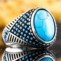 Bagues de bijouterie DAIHE vintage arabes électroplaquées incrustées de pierres précieuses turquoise pour hommes, style islamique