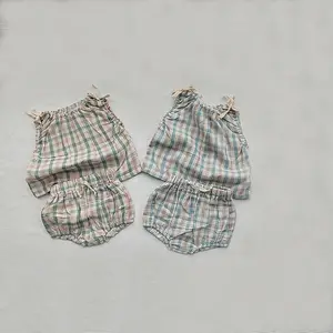 Wholesale Newborn Toddler Summer Baby Girl Cute Latticed Cotton Sleeveless Vest Top+Shorts Pants 2pcs Set Kids Wear Clothes Suit