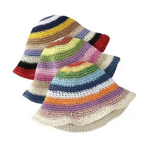Rainbow Straw Hat <b>Sunscreen</b> Shading Fisherman Straw Braided Striped High Quality Crochet Bucket Straw Hat - Product Image 1