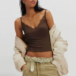 Nouveau débardeur court côtelé en maille unie à col en V sexy en dentelle, style européen et américain, pour femme, vêtement de base décontracté - Product Image 2