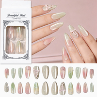 24 Uñas Postizas con Efecto Ojo de Gato en Degradado Rosa y Verde, con Lazo 3D y Perla, Hechas a Mano, Estilo Coreano Y2K
