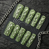 Venta Directa de Fábrica: 10 Uñas Postizas de Lujo para Halloween, Largas, Estilo Ataúd/Stiletto, Brillantes con Pedrería, Hechas a Mano, de Presión